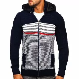 Mörkblå zip hoodie - Stickad med avtagbar huva framifrån