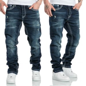 JHN - Mörkblå Jeans Destroyed regular fit tjocka sömmar