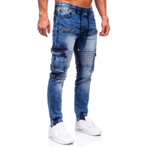 Blåa slitna jeans joggers med benfickor front sida