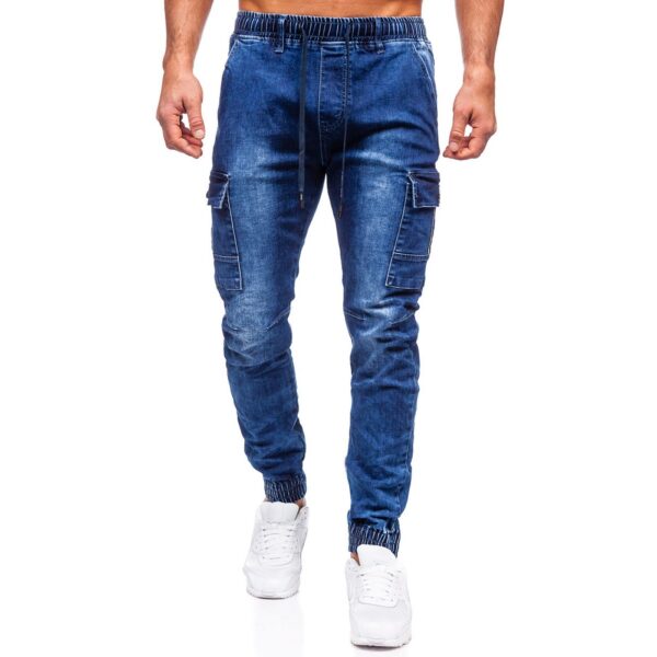 Blåa jeans joggers med cargofickor med knapp framifrån