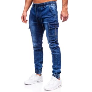 Blåa jeans joggers med cargofickor med knapp sida