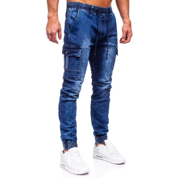 Blåa jeans joggers med cargofickor med knapp sida3