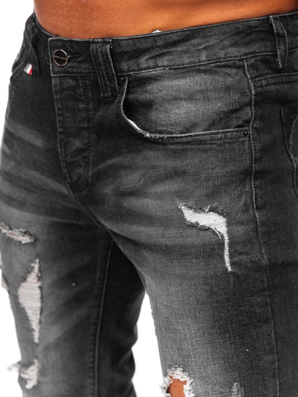 Destroyed jeans herr - svarta herrjeans med stretch inzoomad framifrån