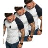 Vita 3-pack t-shirts med mörkblåa ärmar och axlar