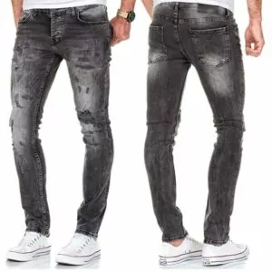 JHN - Gråa Jeans Strech Destroyed Slim Fit Denim
