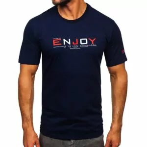 Mörkblå T-shirt med tryck på framsidan och ena ärmen