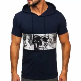 Mörkblå huv t-shirt med dödskalle motiv - framifrån