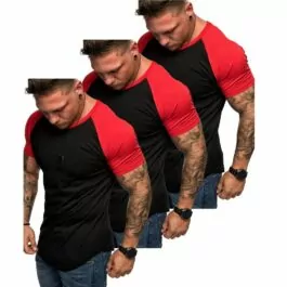 3 par svarta T-shirts med röda axlar och ärmar