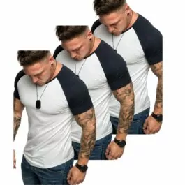 Vita 3-pack t-shirts med mörkblåa ärmar och axlar