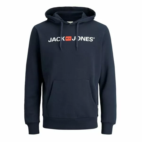 Mörkblå hoodie med logotryck JACK & JONES framifrån