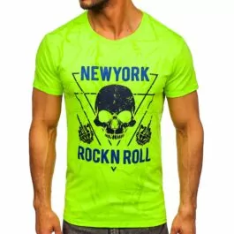 Neongrön t-shirt med spräckligt mönster Rock N Roll framifrån