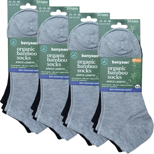 Benyson 12-pack ekologiska bambustrumpor i ankelmodell med produktförpackning.