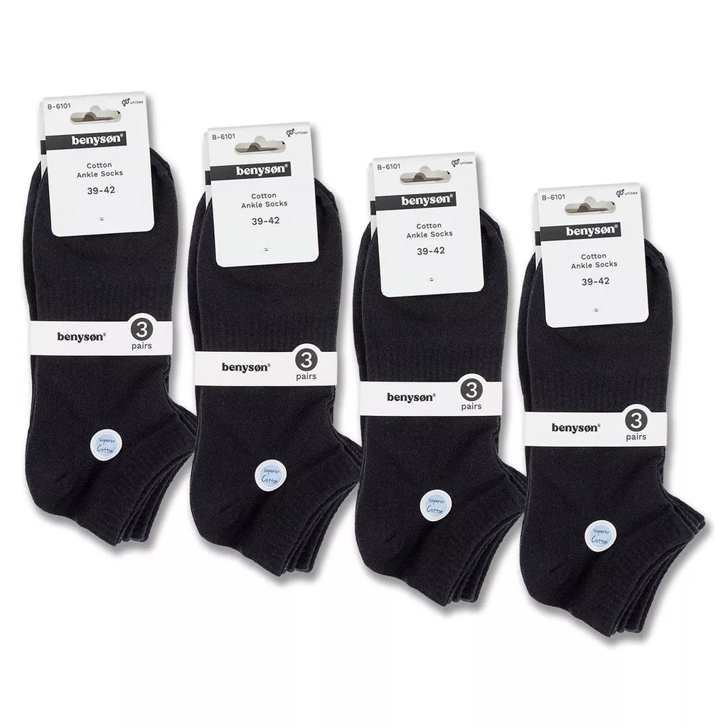 BENYSØN® 12-pack svarta bomullsstrumpor i ankelmodell med fotvalvsstöd och ventilerande mesh