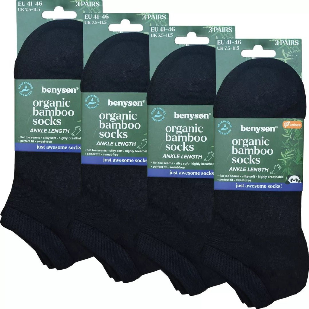 Benyson 12-pack svarta bambustrumpor med produktförpackning i flerpack.