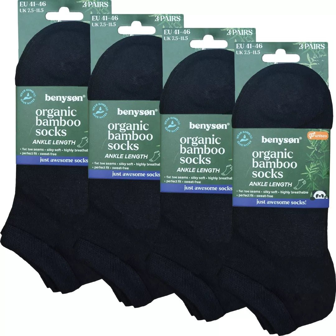 Benyson 12-pack svarta bambustrumpor med produktförpackning i flerpack.