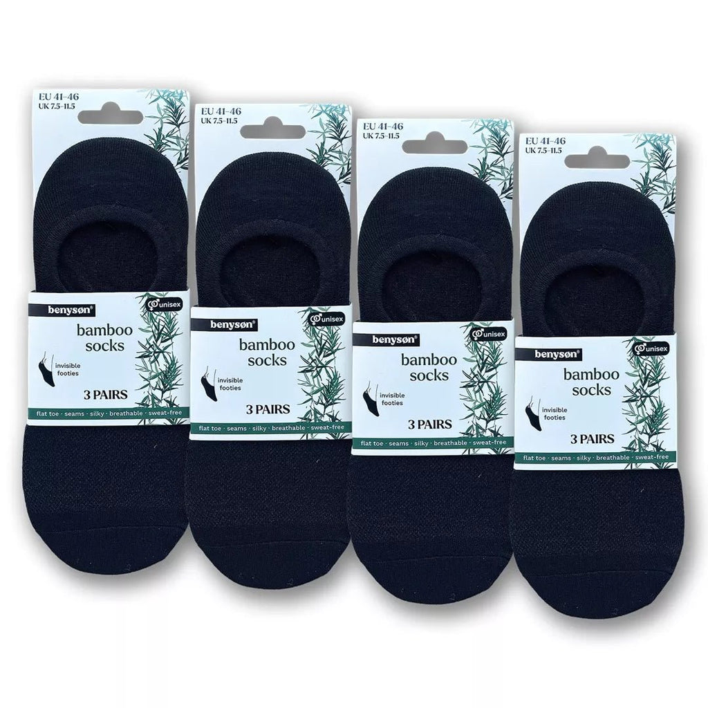 Förpackning med BENYSØN® svarta bambustrumpor Footies 12-pack för herr och dam
