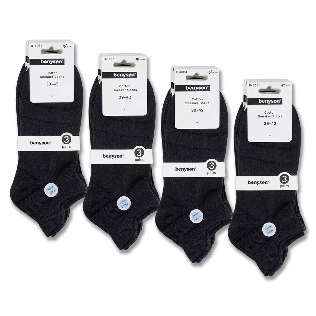 BENYSØN® 12-pack svarta bomullsstrumpor för sneakers med ventilerande mesh och fotvalvsstöd