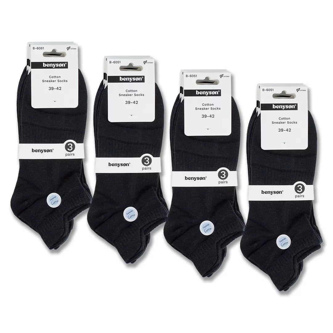 BENYSØN® 12-pack svarta bomullsstrumpor för sneakers med ventilerande mesh och fotvalvsstöd