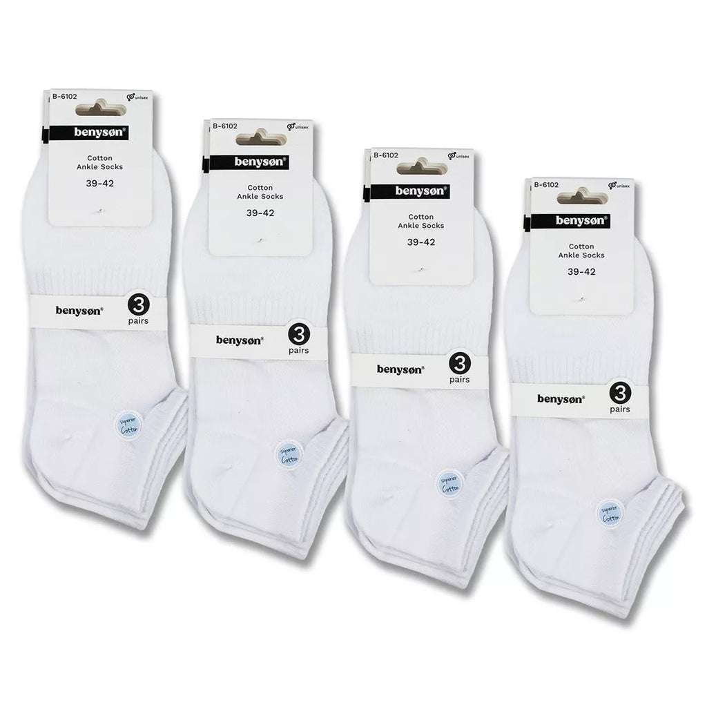 BENYSØN® 12-pack vita bomullsstrumpor i ankelmodell med fotvalvsstöd och ventilerande mesh