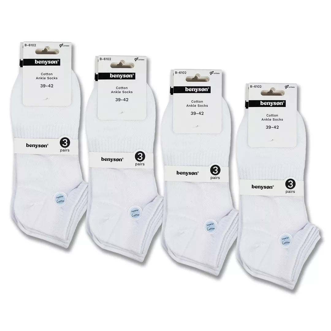 BENYSØN® 12-pack vita bomullsstrumpor i ankelmodell med fotvalvsstöd och ventilerande mesh