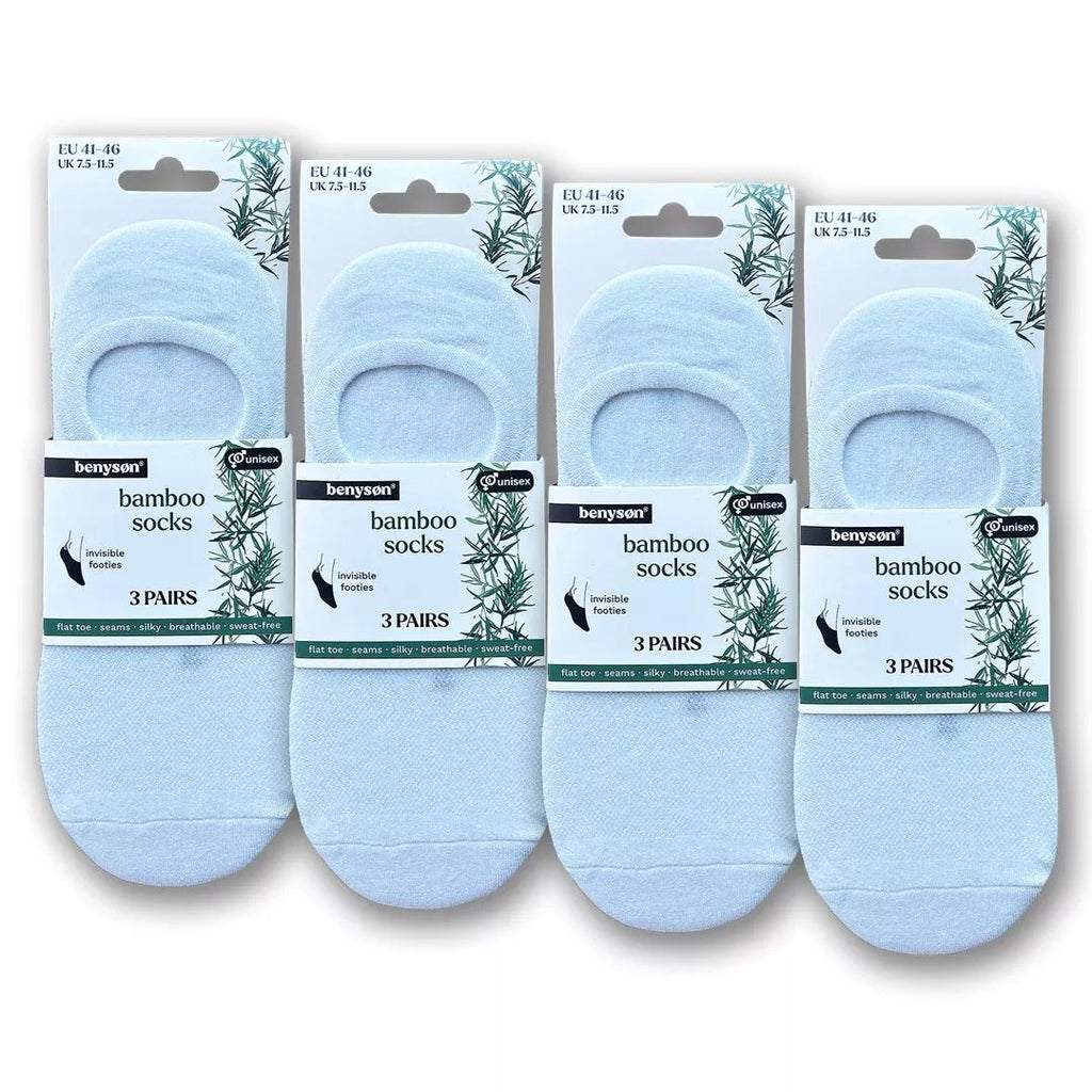 Förpackning med BENYSØN® vita bambustrumpor Footies 12-pack för herr och dam
