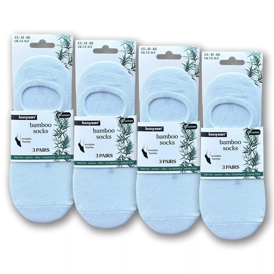 Förpackning med BENYSØN® vita bambustrumpor Footies 12-pack för herr och dam