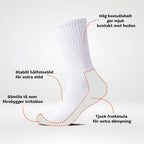 Vit sportstrumpa med tjock frottésula, sömlös tå och stabilt hälstöd