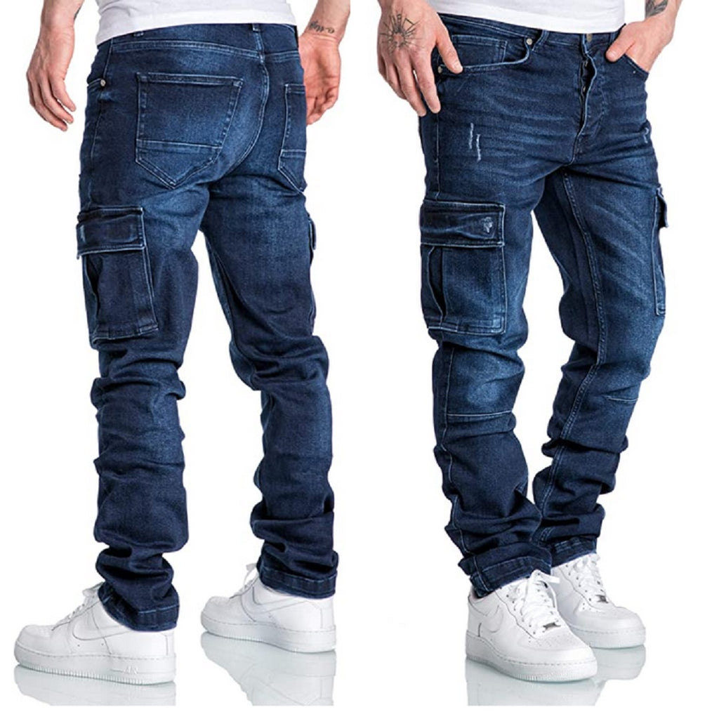 Jeans Herr - Mörkblåa herrjeans med cargofickor på bägge benen - härlig stretch