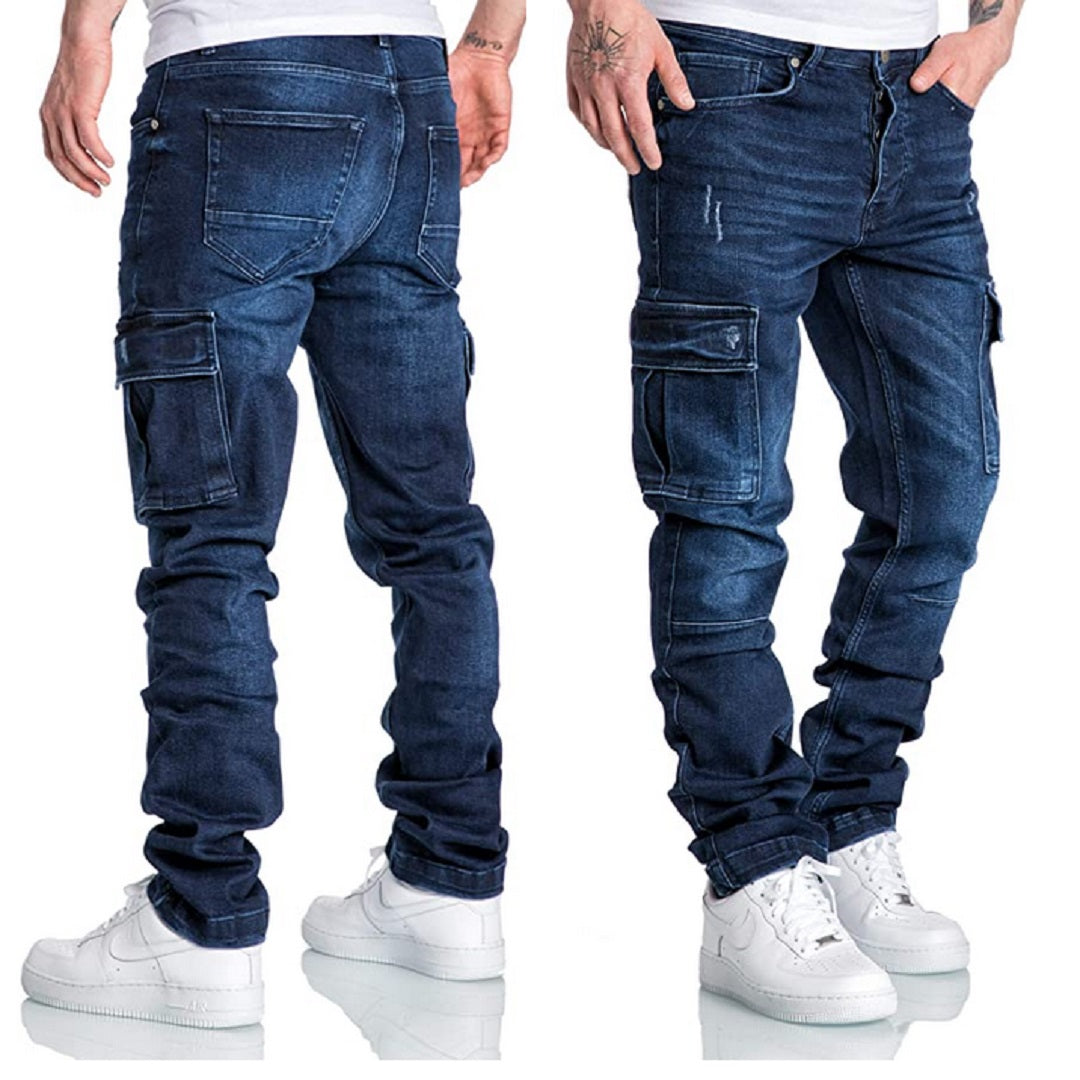 Jeans Herr - Mörkblåa herrjeans med cargofickor på bägge benen - härlig stretch