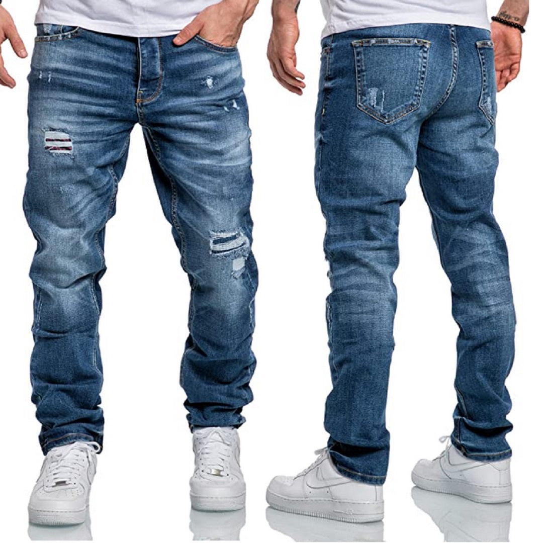 Blåa Herrjeans Destroyed Regular Straight Fit