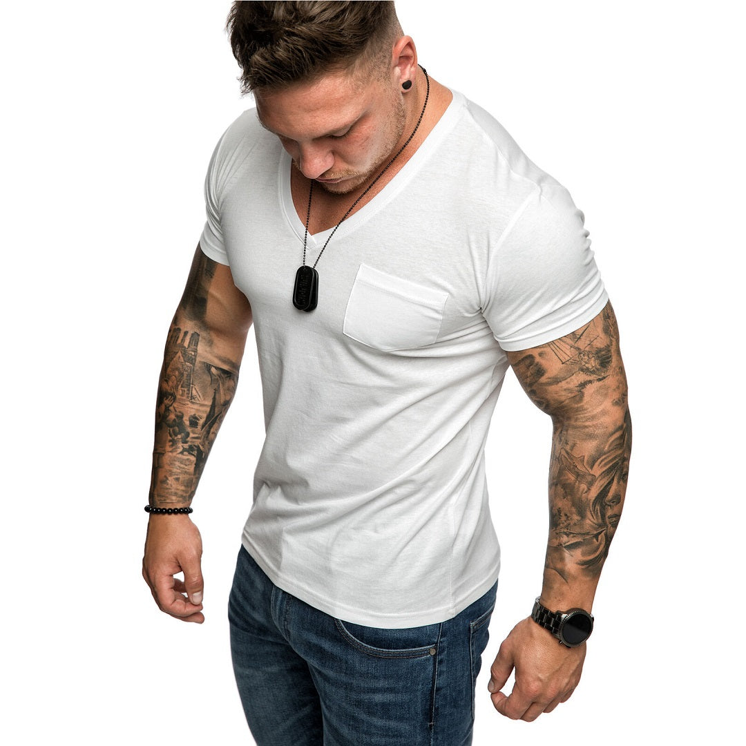 Vit V-neck T-shirt med bröstficka