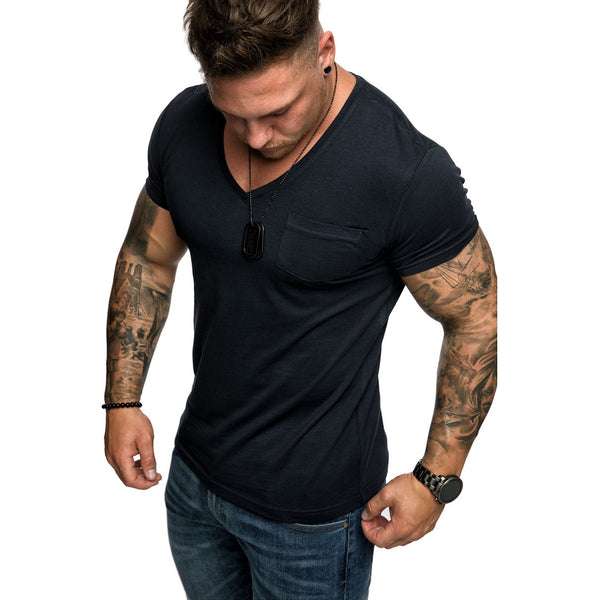 Marinblå V-neck T-shirt med bröstficka