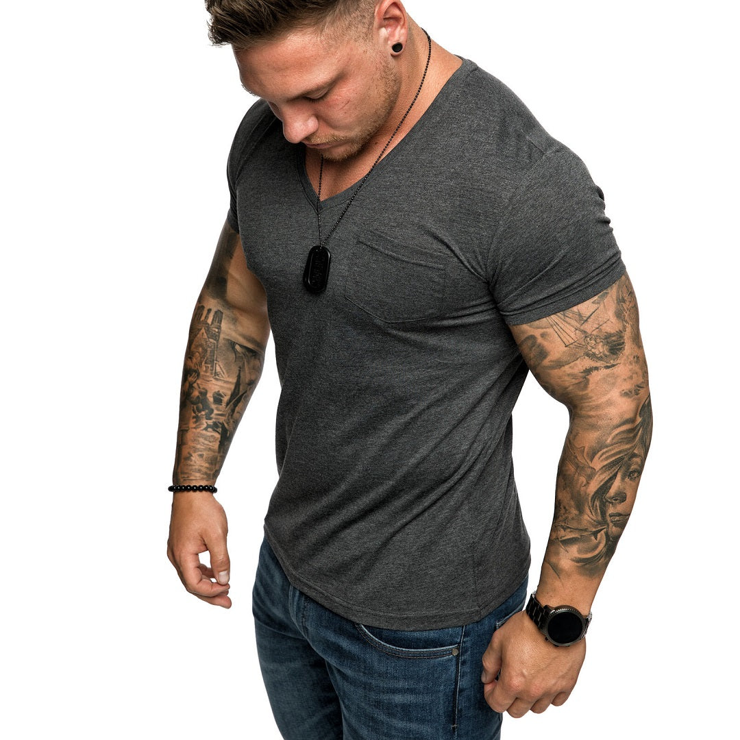 Mörkgrå V-neck T-shirt med bröstficka