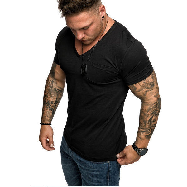 Svart V-neck T-shirt med bröstficka