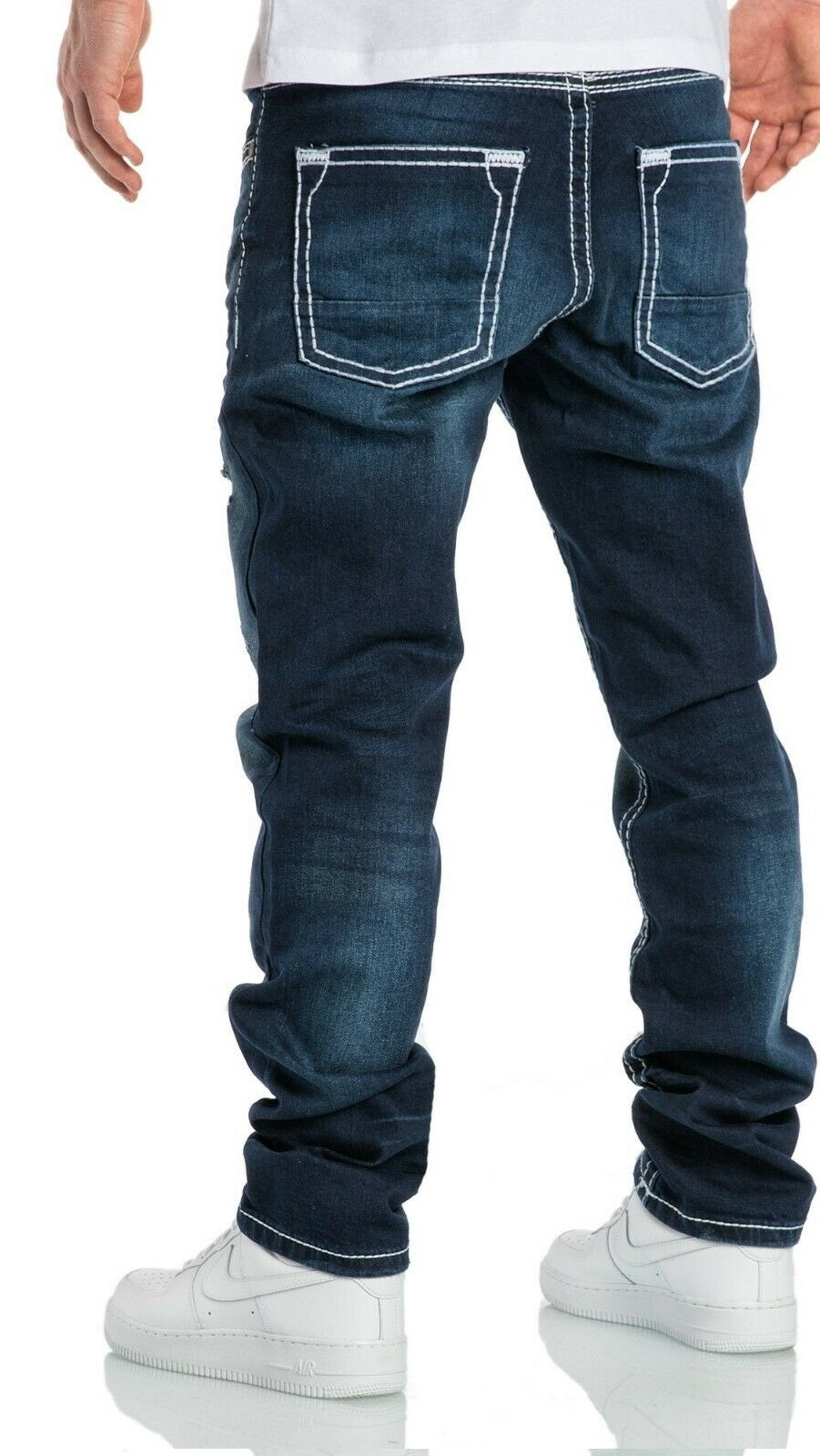 Mörkblå Jeans Destroyed regular fit tjocka sömmar