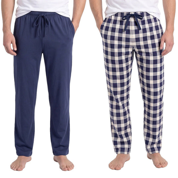 2-pack pyjamasbyxor herr från Gaubert i 100% bomull med ett par marinblå och ett par blå- och vitrutiga byxor