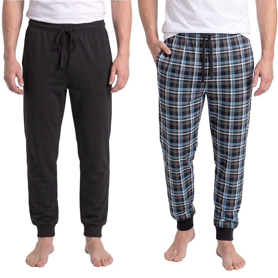2-pack pyjamasbyxor herr i 100% bomull från Gaubert med ett par svarta och ett par blå- och grårutiga sovbyxor