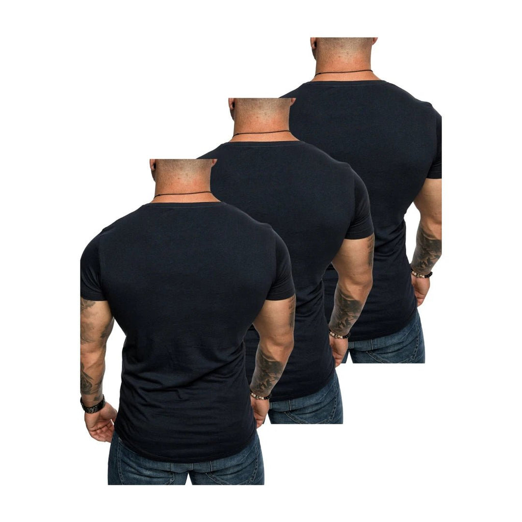 3-pack mörkblåa t-shirts från Amaci & Sons med rund hals bakifrån