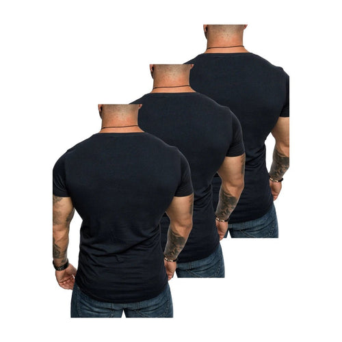 3-pack mörkblåa t-shirts från Amaci & Sons med rund hals bakifrån