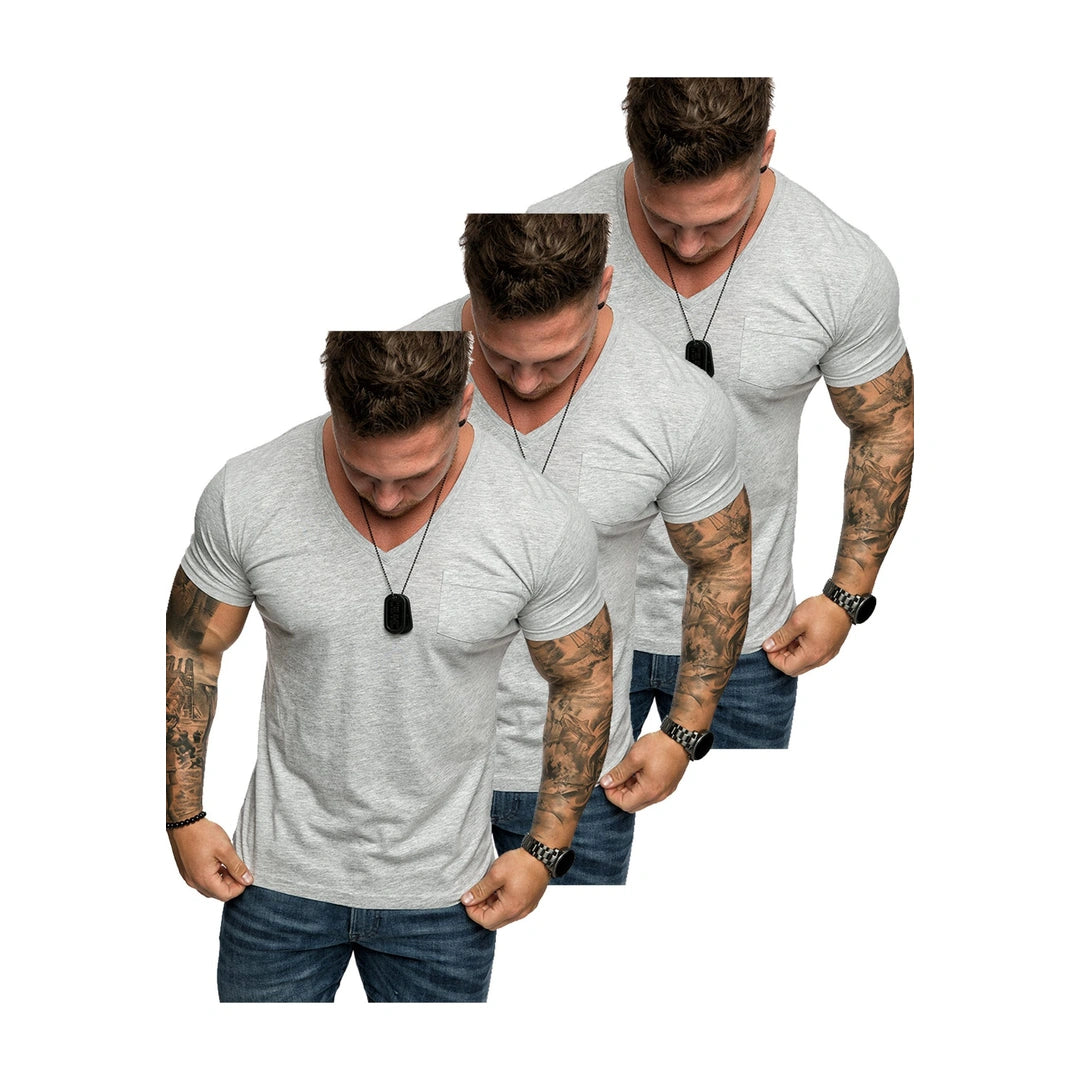 3-pack ljusgråa t-shirts för herr med bröstficka framifrån