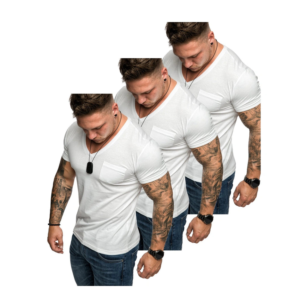 3-pack vita tshirts från Amaci & Sons med bröstficka framifrån