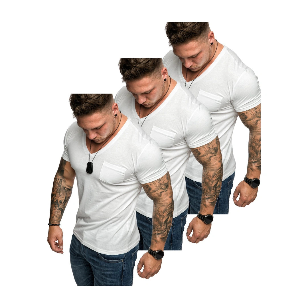 3-pack vita tshirts från Amaci & Sons med bröstficka framifrån