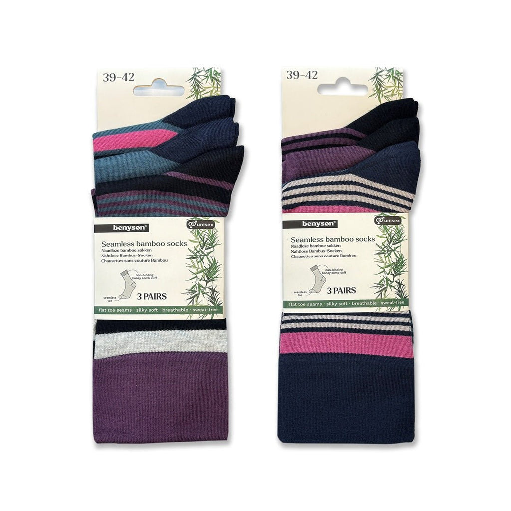 Två 3-pack Benyson bambustrumpor dam med randiga och enfärgade strumpor i lila, blått och rosa, storlek 39–42