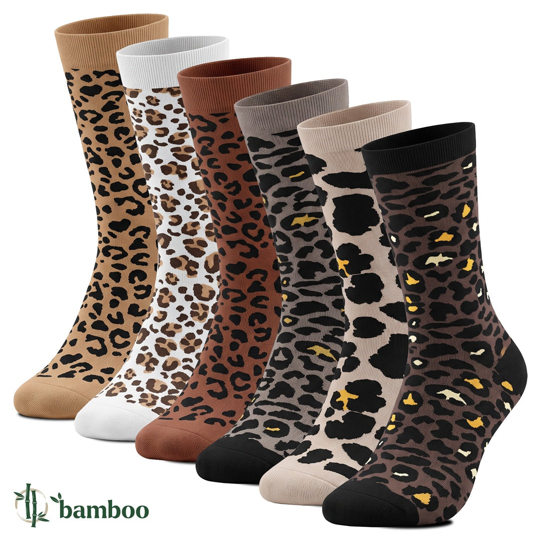Benyson 6-pack sömlösa bambustrumpor för dam med leopardmönster i beige, vitt, brunt och grått