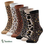 Benyson 6-pack sömlösa bambustrumpor för dam med leopardmönster i beige, vitt, brunt och grått