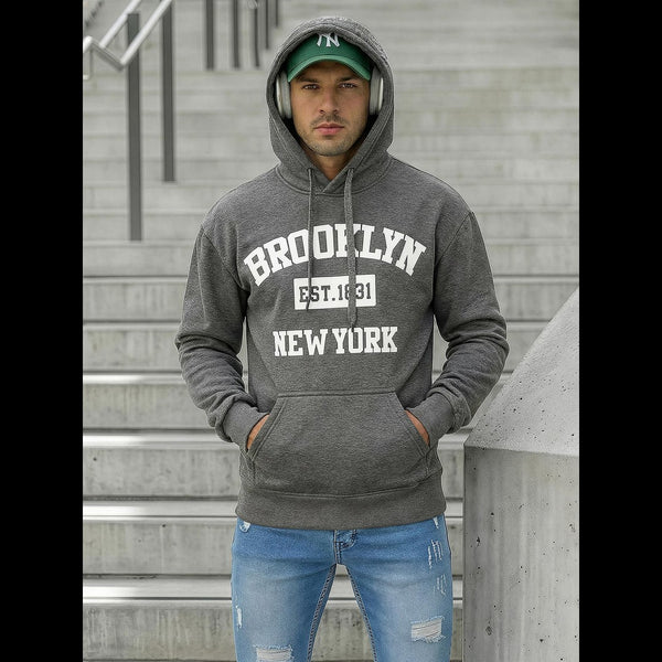 Grå hoodie för herr med Brooklyn New York-tryck i streetwear-stil