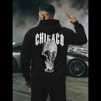Svart hoodie för herr med Chicago-tryck och grafiskt motiv på ryggen - bakifrån peace