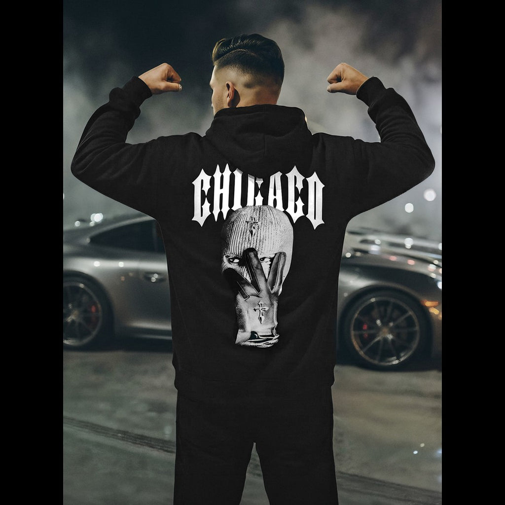 Svart hoodie för herr med Chicago-tryck och grafiskt motiv på ryggen - bakifrån