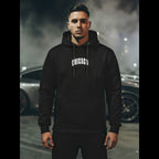 Svart hoodie för herr med Chicago-tryck och grafiskt motiv på ryggen - framifrån