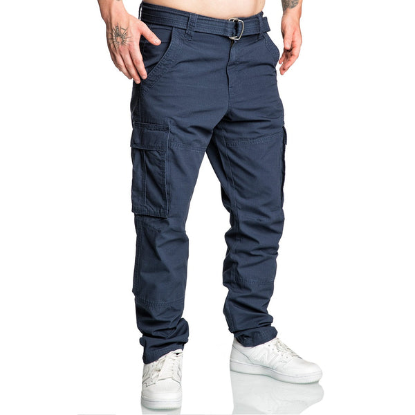 Cargobyxor med bälte - Herrbyxor Chinos mörkblåa front